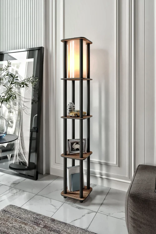 Estantes Kare Dekoratif Raflı Lambader Ceviz