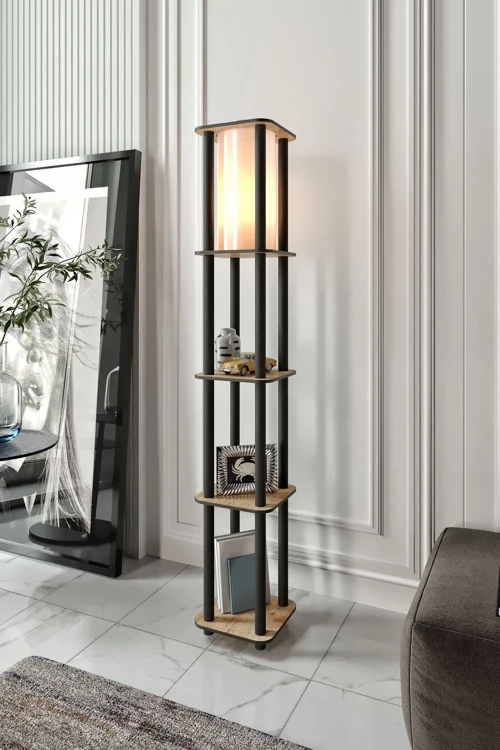 Estantes Kare Dekoratif Raflı Lambader Meşe