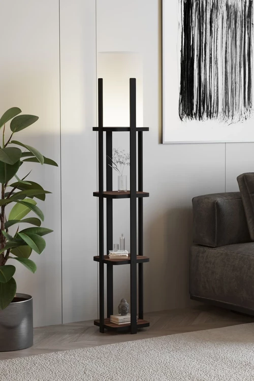 Buye Dekoratif Raflı Lambader Ceviz