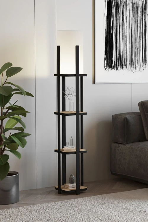 Buye Dekoratif Raflı Lambader Meşe