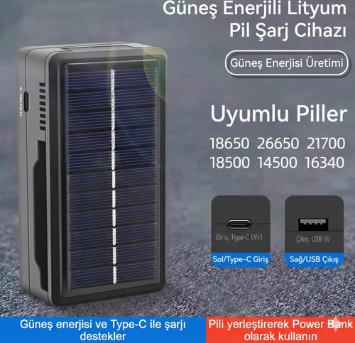 Güneş Enerjili Çoklu Pil Şarj Cihazı ve Powerbank - 18650/26650 Uyumlu
