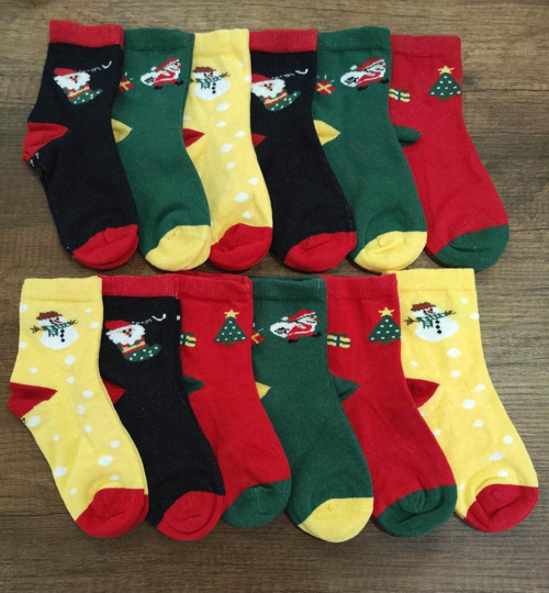 Çocuk Unisex 12 Çift Yılbaşı Desenli Pamuklu Dikişsiz Çorap Kaliteli