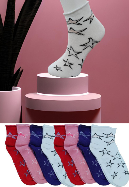 Kadın Dikişsiz 8 Çift Penye Diyabetik Orta Konç Yıldız Desenli Çorap