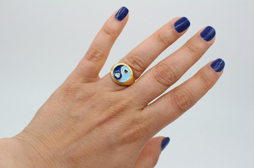 Altın Kaplama Ying Yang Mavi Lacivert Yüzük Ayarlanabilir