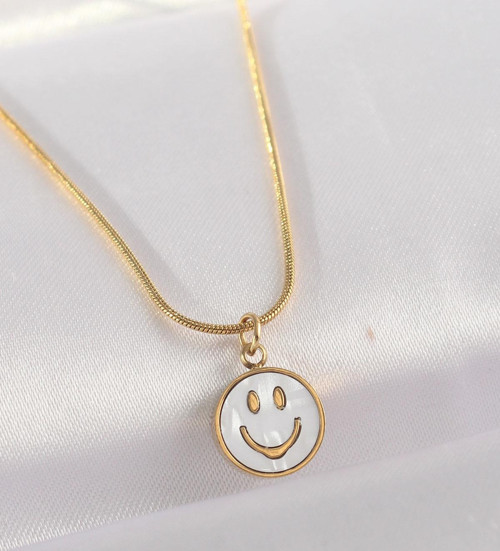 316L Çelik Zincir Altın Renk Mermer Desenli Minimal Smile Kolye
