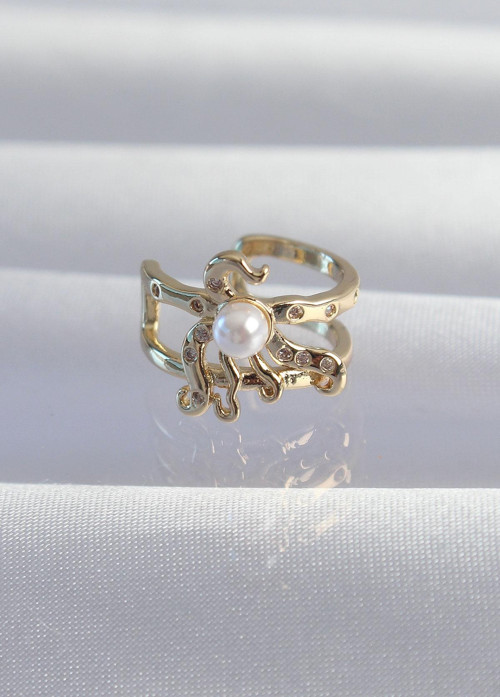 Pirinç Gold Renk İncili Ahtapot Earcuff Küpe
