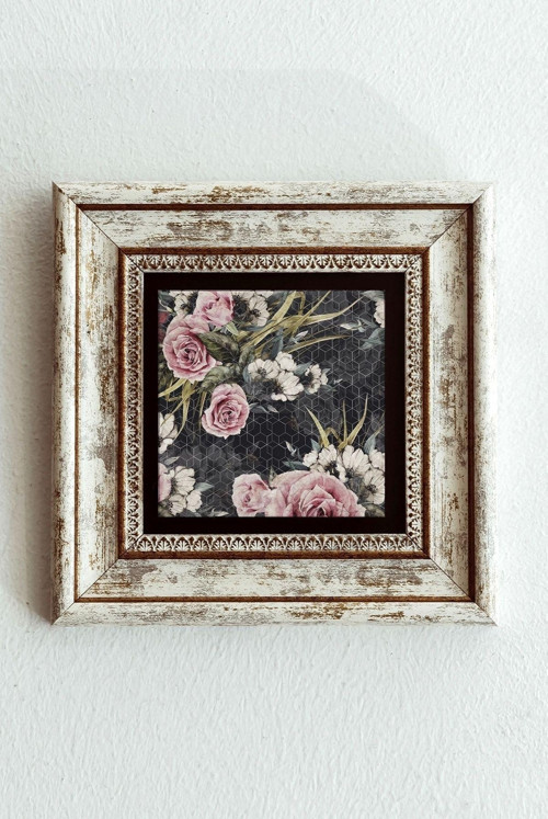 Pembe Çiçek Çerçeveli Taş Tablo , Çerçeveli Taş Duvar Dekoru-enkcrcvtbl-00150