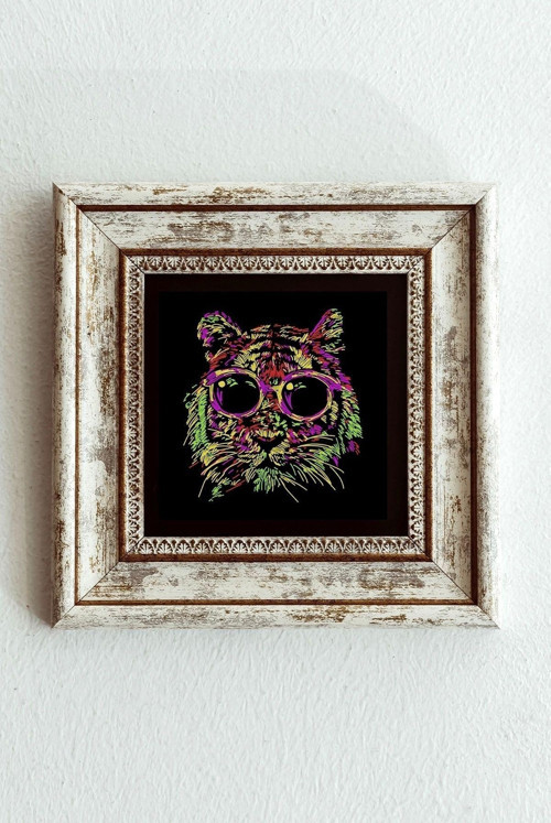 Soyut Çalışma Renkli Kedi Çerçeveli Taş Tablo , Çerçeveli Taş Duvar Dekoru - Enkcrcvtbl-00098