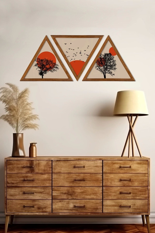 Dekoratif Üçgen Çerçeveli Ahşap Tablo Set