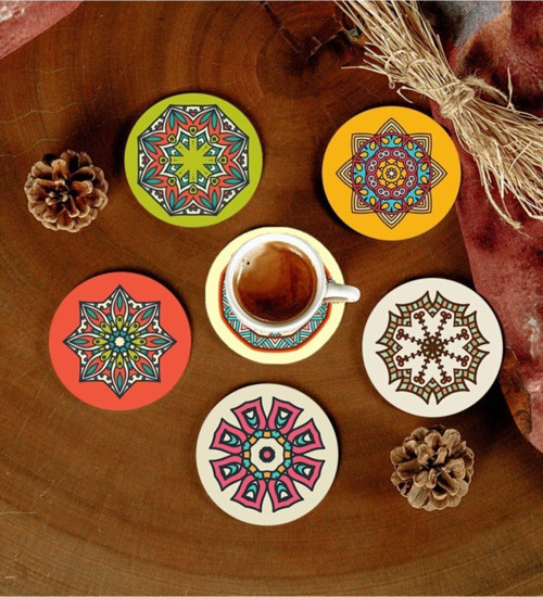 6 Adet Desenli Mdf Bardak Altlığı