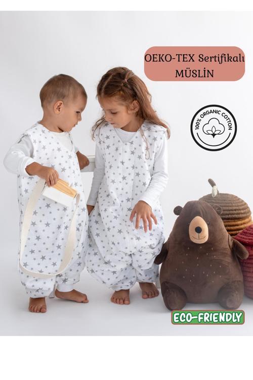 Baharlık Kolsuz Çocuk Uyku Tulumu, Yıldızlı Çift Katlı Müslin Tulum, Mevsimlik Organik Bebek Tulum