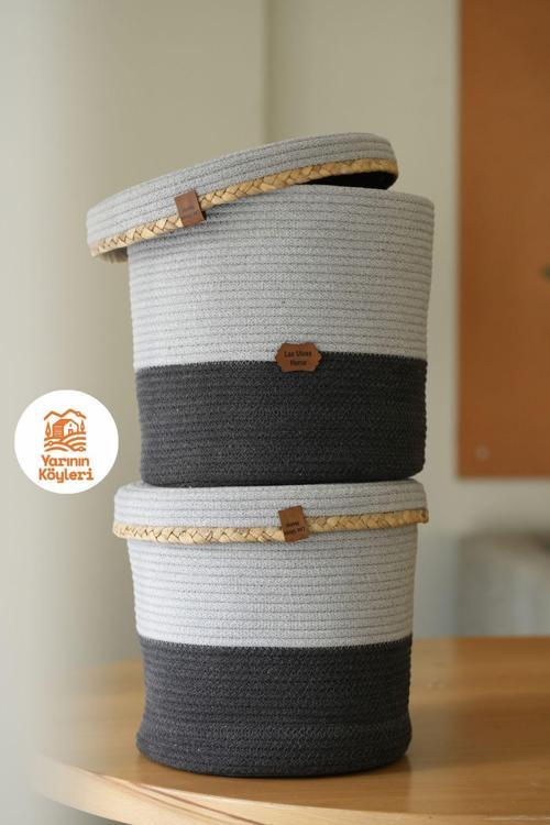 2'Li Dolap İçi Sepet, Hasır Saksı, Kordon İpten Örgü Sepet, Çok Amaçlı Oyuncak Sepeti, Kirli Sepet