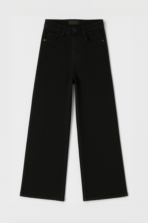 Kadın Yüksek Bel Likralı Wide Leg Siyah Jean Pantolon