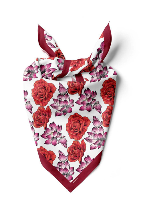 Y57 Kadın Çiçek Desenli Bandana 50x50 Kırmızı DG0139-2