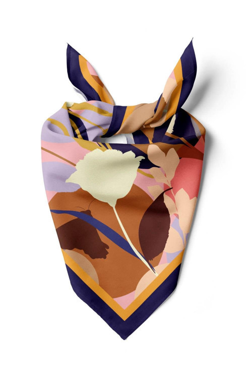 Z23 Kadın Kahverengi Krem Lale Desenli 50x50 Bandana - DG0887