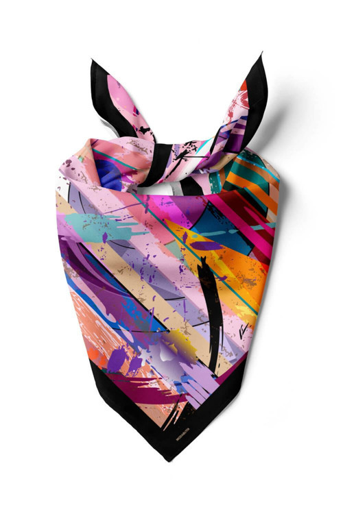 Z18 Kadın Yağlı Boya Desenli Bandana 50x50 Mavi DG0269-22 Snz