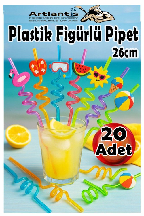 Figürlü Pipet 20 Adet Sevimli Renkli Kıvrımlı Pipet 26 cm Dekoratif Kokteyl Yıkanabilir Emoji Çocuklar İçin
