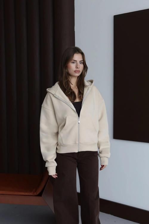 3 iplik şardonlu kapşonlu hoodie frm bej p510437