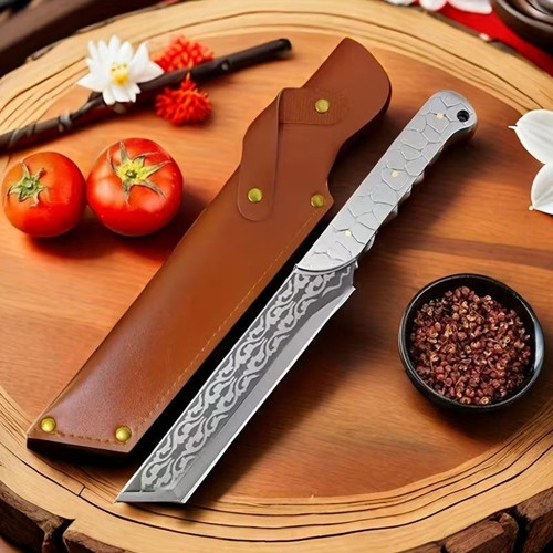 Paslanmaz Çelik Desenli Çok Amaçlı Mutfak ve Kamp Bıçağı – Kılıflı Dayanıklı Tasarım 33.8 cm