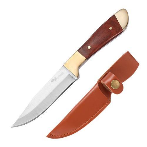 Paslanmaz Çelik Kamp Bıçağı | 16 cm Outdoor Av Bıçağı Deri Kılıflı Kompakt Bıçak Kahve