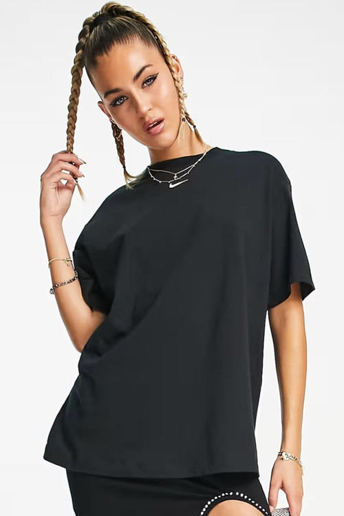 Sportswear Organic Cotton Loose Fit T-shirt Kadın Nakış Swooslu Bol Kesim Tişört Siyah