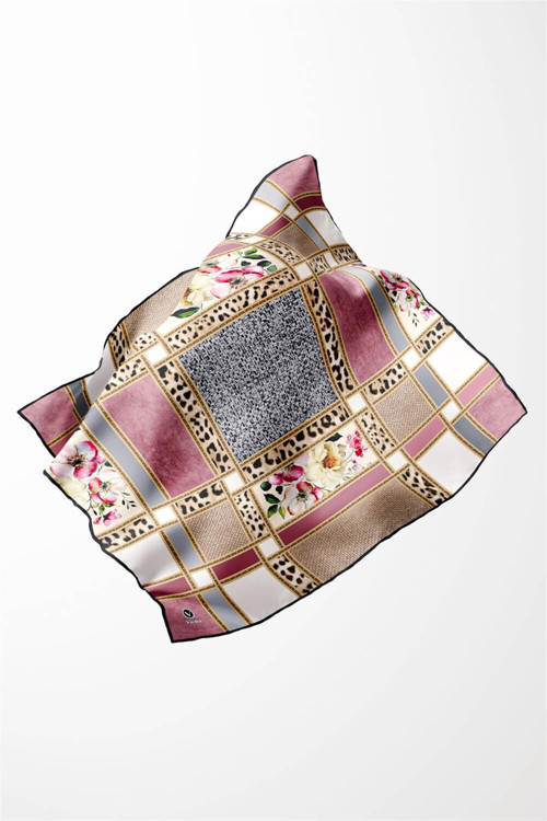 Twill Leopar ve Çiçek Desenli Pudra - Gri Renkli 90x90 Eşarp (İpek İçermez) Dikim Şekli : El Dikişi