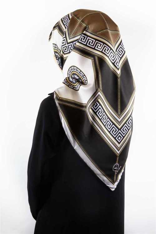 Twill Barok Desenli Vizon Renkli 90x90 Eşarp (İpek İçermez) Kenar Dikiş Şekli El Dikişli