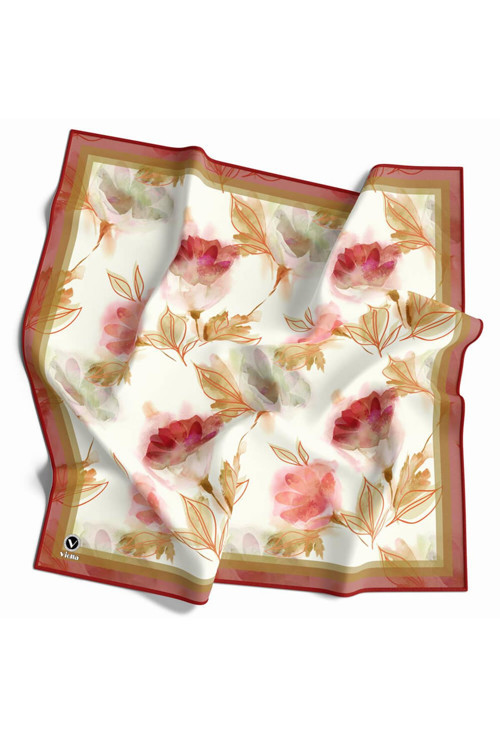 Twill Suluboya Çiçek Desenli Bordo Renkli 90x90 Eşarp (İpek İçermez) Kenar Dikiş Şekli El Dikişli