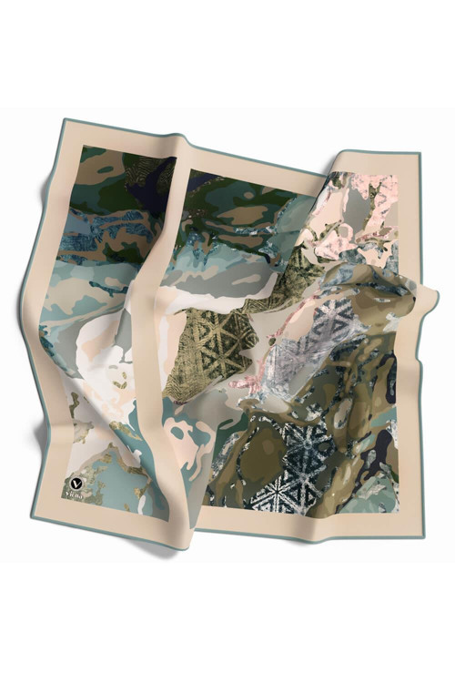 Kristal Batikli Ve Etnik Desenli Mint Yeşili Renkli 90x90 Eşarp (İpek İçermez) Kenar Dikiş Şekli El Dikişli