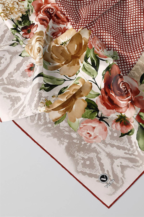 Twill Çiçek Desenli Taba Renkli 90x90 Eşarp (İpek İçermez) Kenar Dikiş Şekli El Dikişli