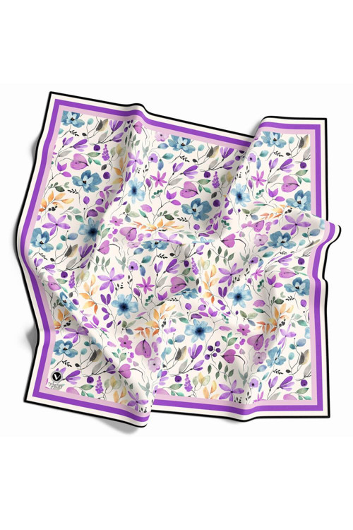 Kristal Bahar Çiçekleri Desenli Mor Renkli 90x90 Eşarp (İpek İçermez) Kenar Dikiş Şekli El Dikişli
