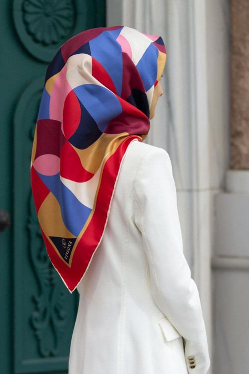 %100 Twill Renk Bloklu Çizgili Desenli Kırmızı - Lacivert Renkli 90x90 Eşarp Dikim Şekli: El Dikişii