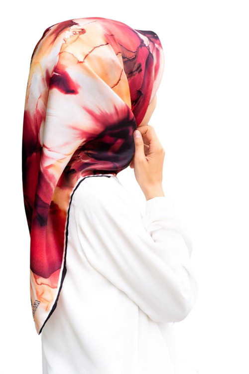 %100 Twill İpek Batik Çiçek Desenli Bordo - Hardal Renkli 90x90 Eşarp