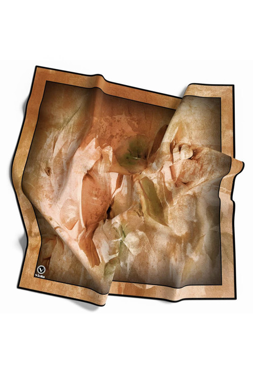 Twill Sulu Boyalı Çiçek Desenli Taba Renkli 90x90 Eşarp (İpek İçermez) Kenar Dikiş Şekli El Dikişli