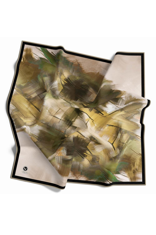 Kristal Fırça Darbesi Desenli Haki Renkli 90x90 Eşarp (İpek İçermez) Kenar Dikiş Şekli El Dikişli