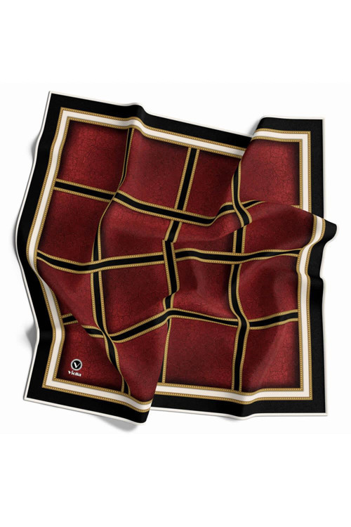 Kristal Taş Efektli Gold Şerit Desenli Bordo Renkli 90x90 Eşarp (İpek İçermez) Kenar Dikiş Şekli El Dikişli