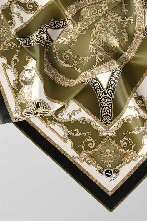 Twill Barok Desenli Haki Yeşili Renkli 90x90 Eşarp (İpek İçermez) Kenar Dikiş Şekli El Dikişli
