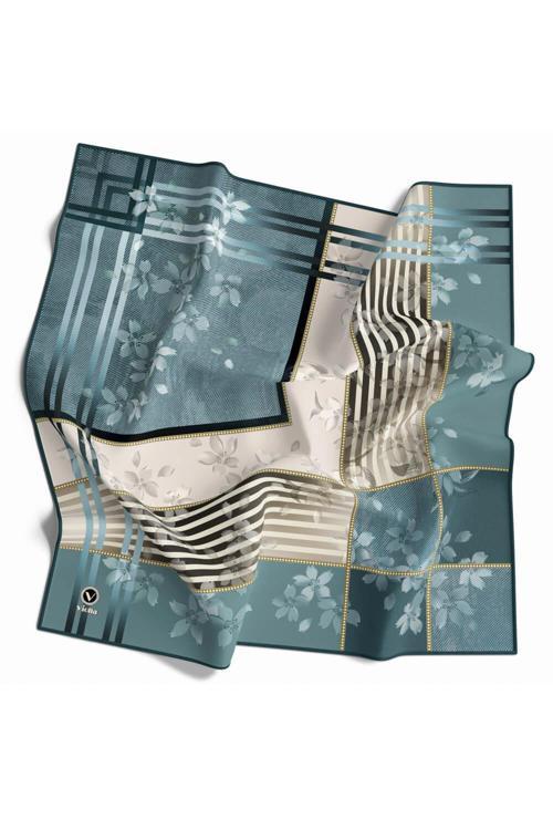 Kristal Çiçek Desenli Petrol Yeşili Renkli 90x90 Eşarp (İpek İçermez) Kenar Dikiş Şekli El Dikişli