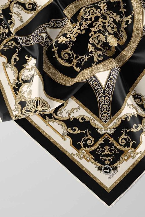 Twill Barok Desenli Siyah Renkli 90x90 Eşarp (İpek İçermez) Kenar Dikiş Şekli El Dikişli