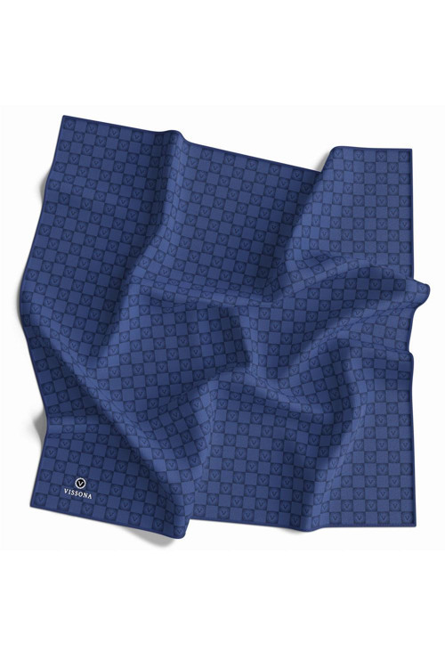 %100 Twill İpek Monogram Desenli İndigo Renkli 90x90 Eşarp Dikim Şekli : El Dikişi