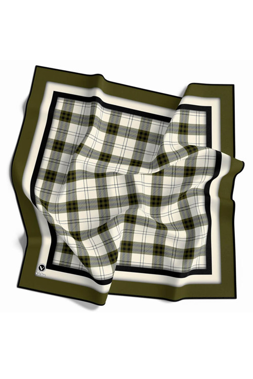 Twill Ekose Desenli Haki Renkli 90x90 Eşarp (İpek İçermez) Kenar Dikiş Şekli El Dikişli