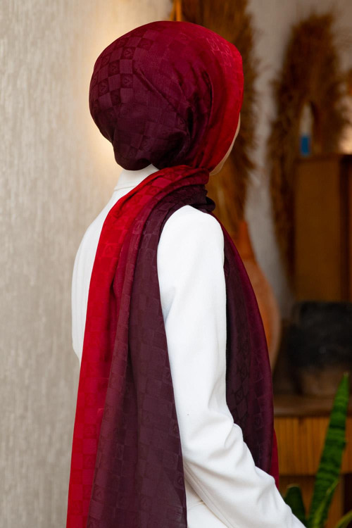%57 İPEK %43 PAMUK Degrade Desenli Bordo Renkli Şal - 70x190 Dikiş Tipi İtalyan Dikişli