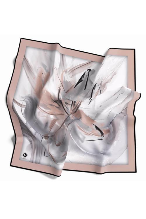 Twill Çiçek Tablo Desenli Bej Renkli 90x90 Eşarp (İpek İçermez) Kenar Dikiş Şekli El Dikişli