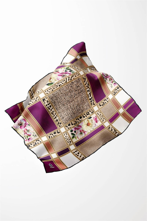 Twill Leopar ve Çiçek Desenli Mürdüm - Bej Renkli 90x90 Eşarp (İpek İçermez) Dikim Şekli : El Dikişi