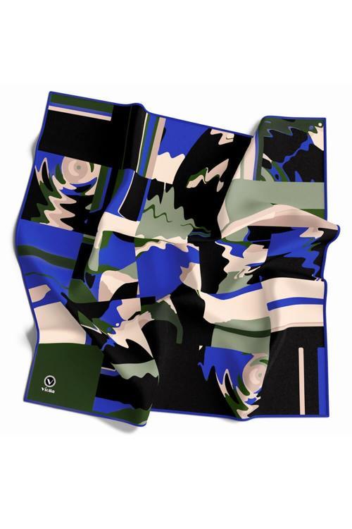 Kristal Boyalı Geometrik Desenli Saks Renkli 90x90 Eşarp (İpek İçermez) Kenar Dikiş Şekli El Dikişli