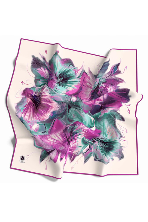 Twill Çiçek Desenli Fuşya - Mint Yeşili Renkli 90x90 Eşarp (İpek İçermez) Kenar Dikiş Şekli El Dikişli