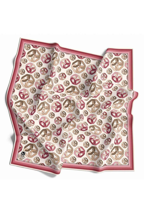 Kristal Zincir Motif Desenli Gül Kurusu Renkli 90x90 Eşarp (İpek İçermez) Kenar Dikiş Şekli El Dikişli