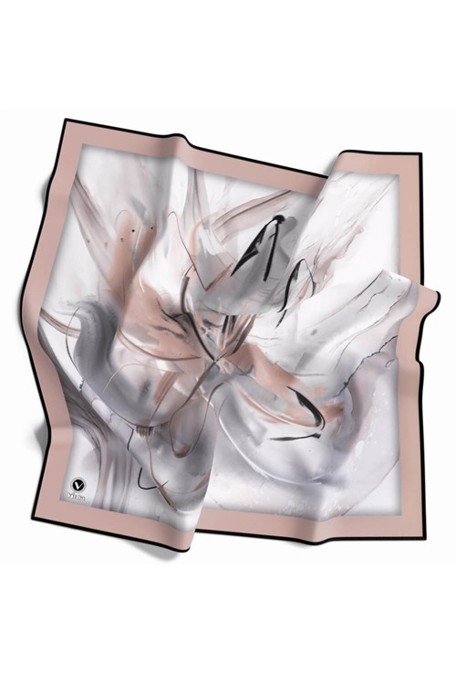 Twill Çiçek Tablo Desenli Bej Renkli 90x90 Eşarp (İpek İçermez) Kenar Dikiş Şekli El Dikişli