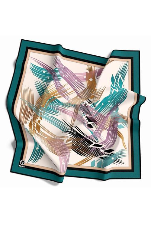 Twill Geometrik Desenli Petrol Yeşili Renkli 90x90 Eşarp (İpek İçermez) Kenar Dikiş Şekli El Dikişli