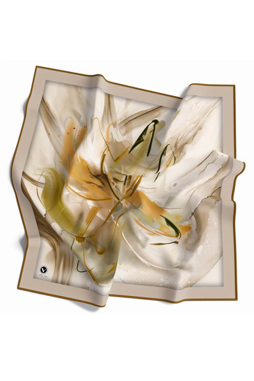 Twill Çiçek Tablo Desenli Hardal Renkli 90x90 Eşarp (İpek İçermez) Kenar Dikiş Şekli El Dikişli